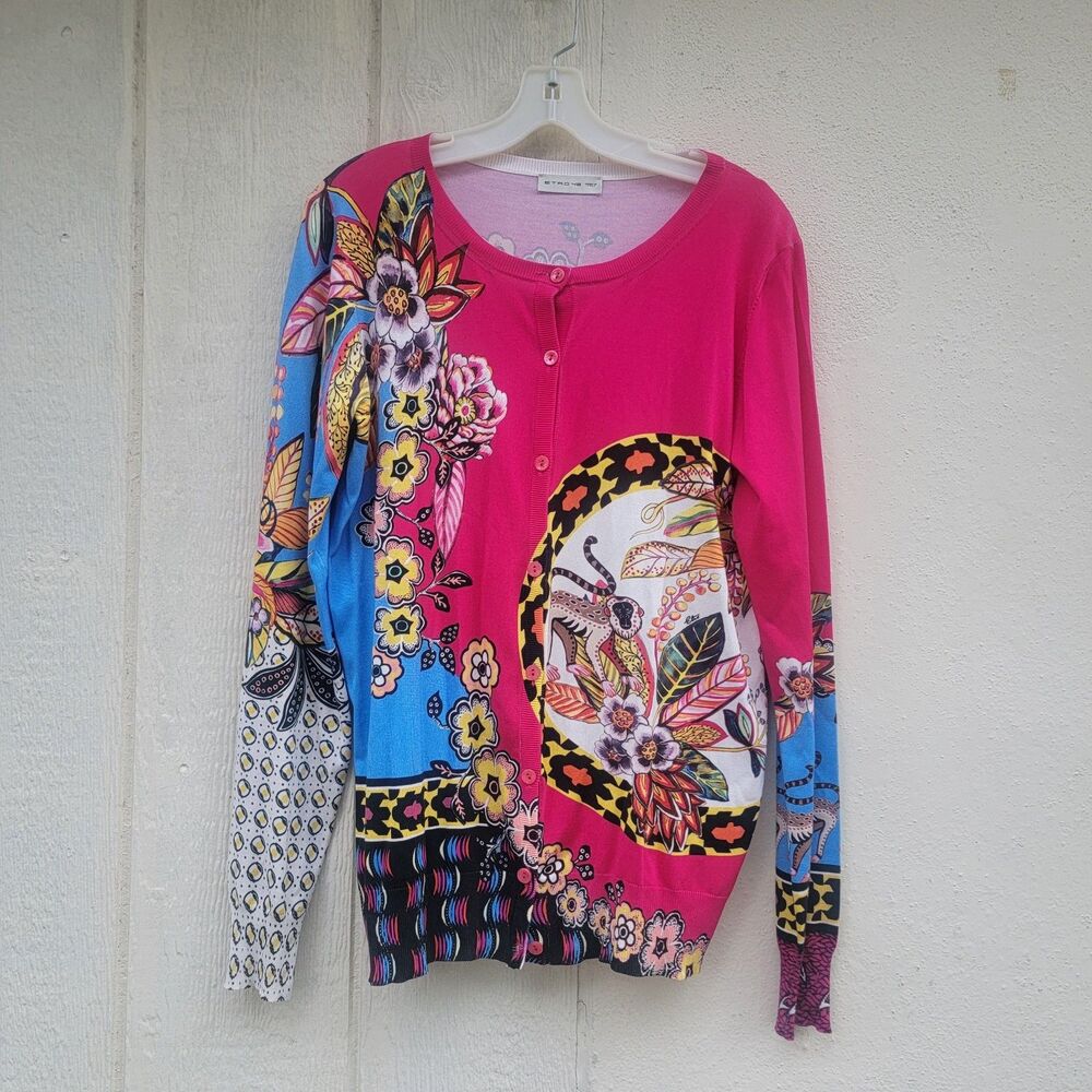 Etro printed multi colored button front silk blend cardigan Floral Wmns Sz 48